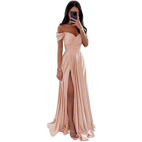 Off-the-Shoulder Corset Design Cinched Waist Solid Color Temperament Bridesmaid/Party Formal Maxi Dress