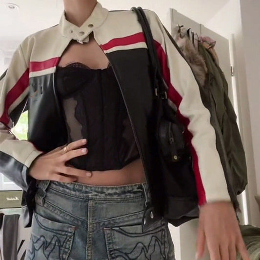 PU Leather Colorblock Striped Women's Patchwork Motorcycle Biker Jacket
