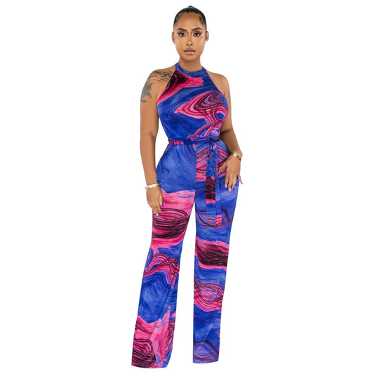 Tropical Floral Printed Halter Neck Sleeveless Sash Belted Jumpsuit