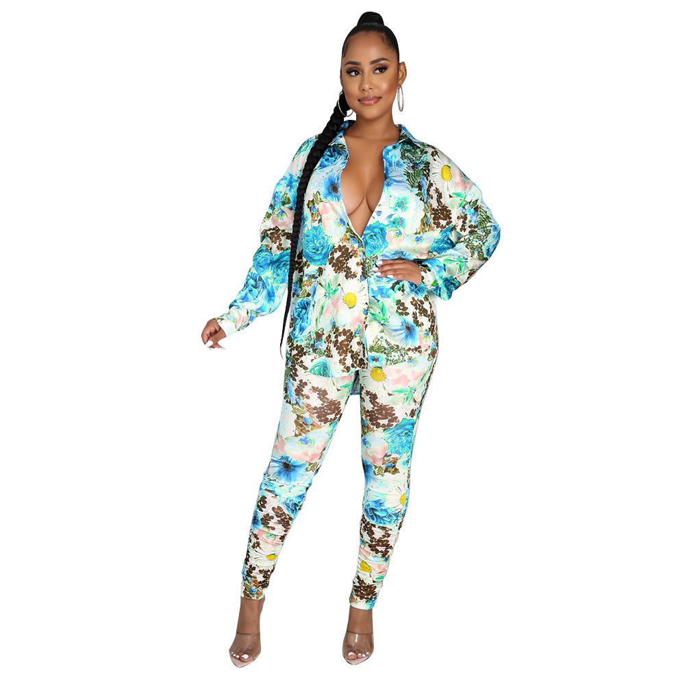 Big Flower Multi-Colored Print Long Sleeve Turn-Down Collar Blouse + Leggings 2-Piece Suit