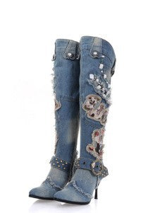 Denim Ripped Women's String Beaded Stiletto Heel Knee-High Jean Boots