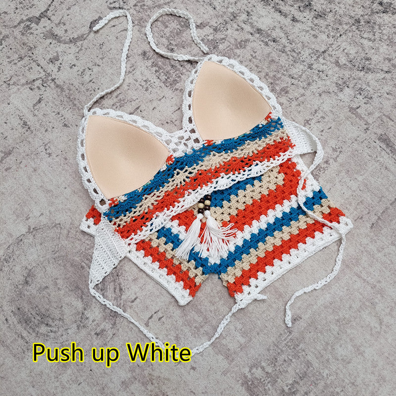 Crochet Knitted Striped Colorblock Rainbow Multi-Colored Women's Drawstring 2-Piece Bikini Swimsuit