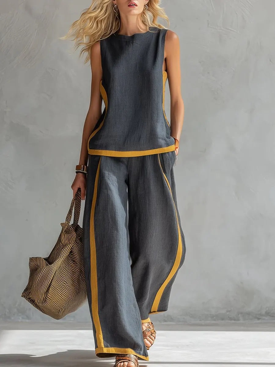 Side Striped Sleeveless Women's Top + High Waist Loose Wide Leg Pants 2-Piece Set to 3X Plus Size