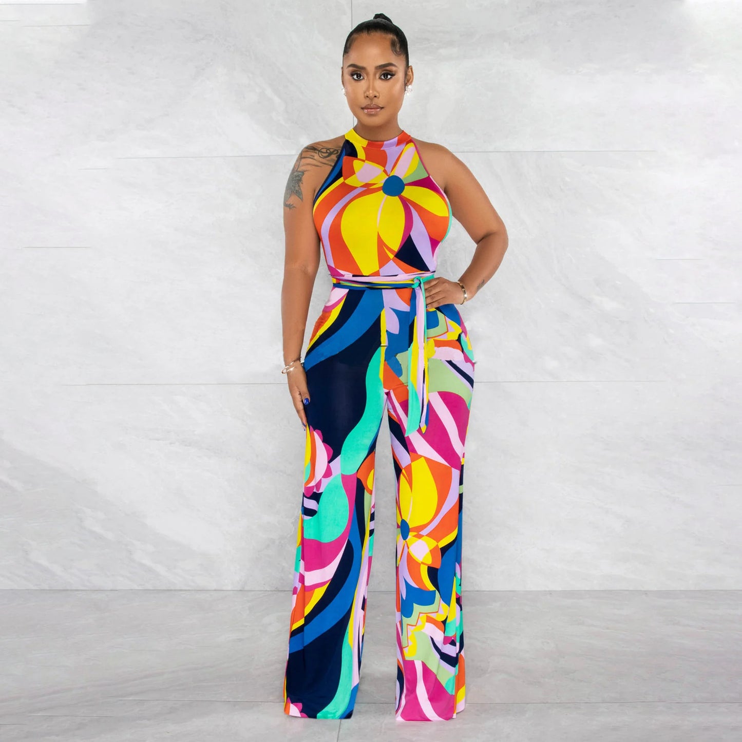 Tropical Floral Printed Halter Neck Sleeveless Sash Belted Jumpsuit
