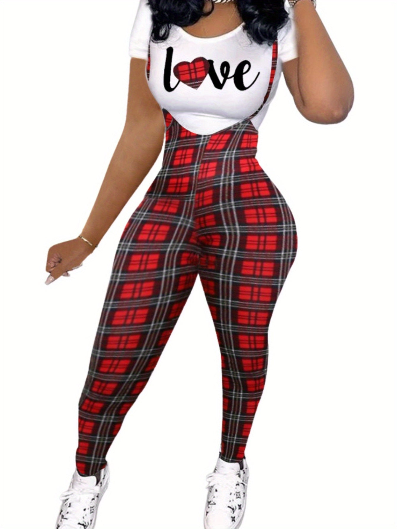 Sleeveless Houndstooth Plaid Print Cami Overalls Jumpsuit w/Love Heart Print T-Shirt Women's 2-Piece Set