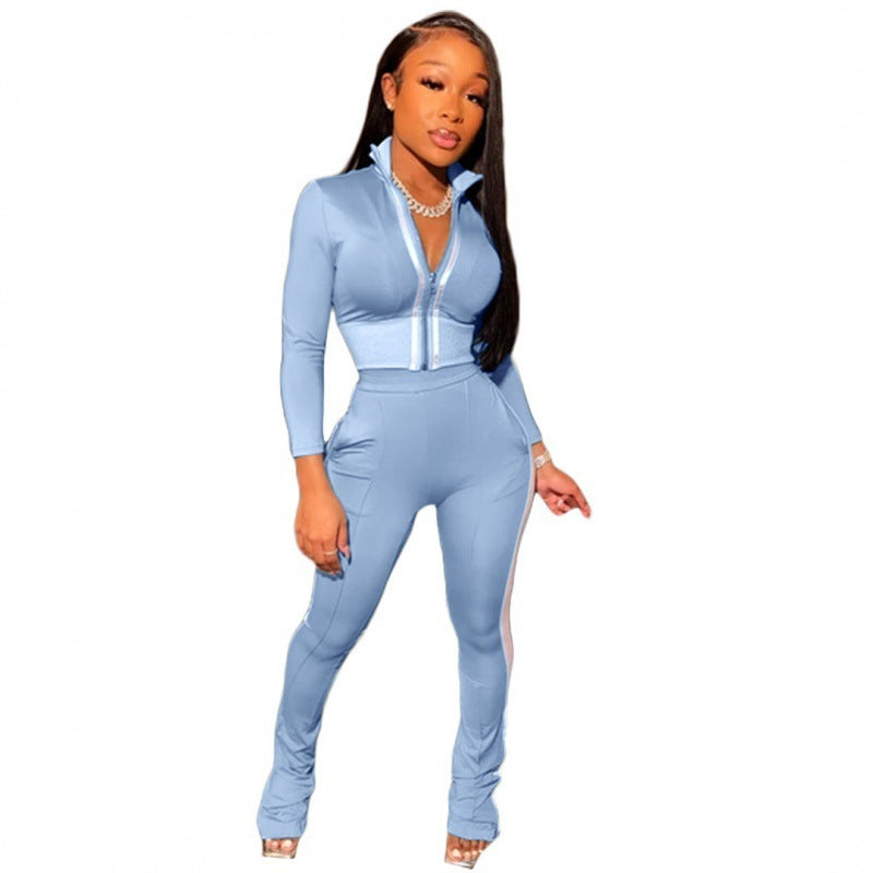 Skinny Side Striped Women's Zipper Sports Jacket + Skinny Sweatpants Tracksuit