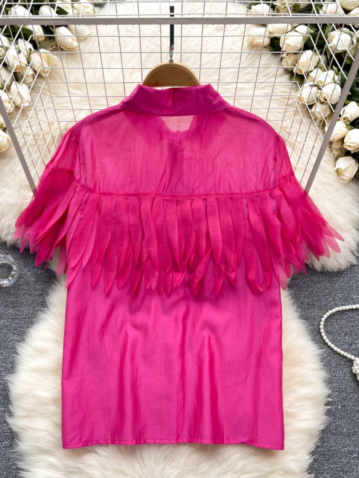 Sheer Tassel Fringe Puffed Short Sleeve Turn-Down Blouse