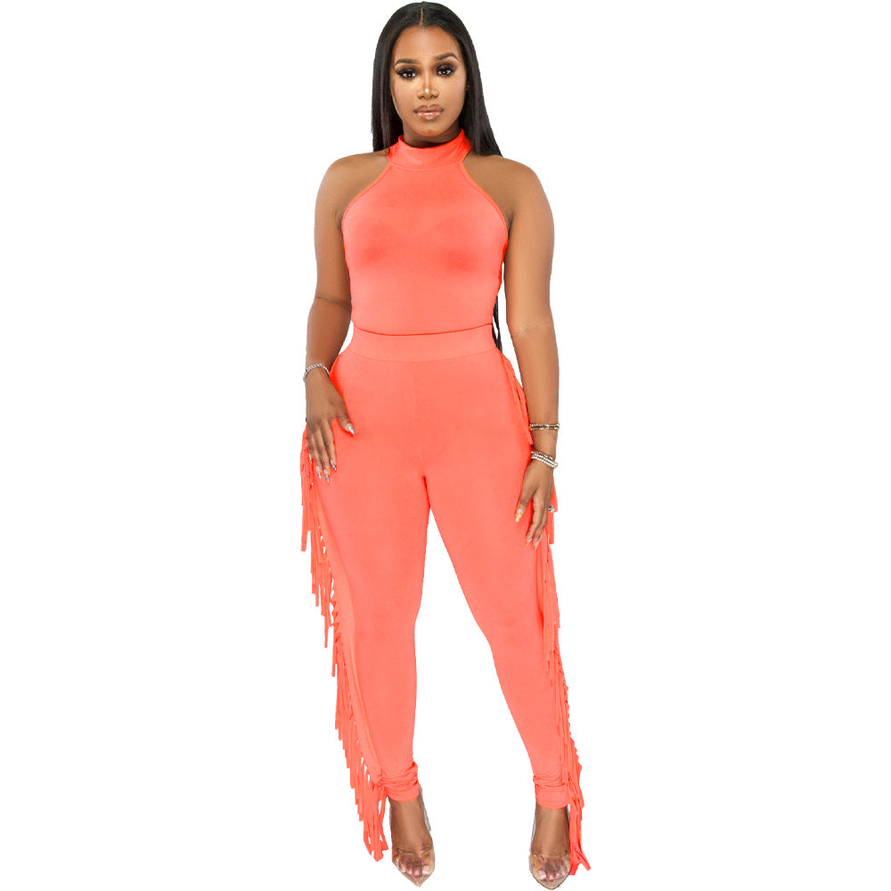 Sleeveless Solid Color Bodycon Mock Neck Women's Top + Tassel Fringe Design Leggings Solid Color 2-Piece Set