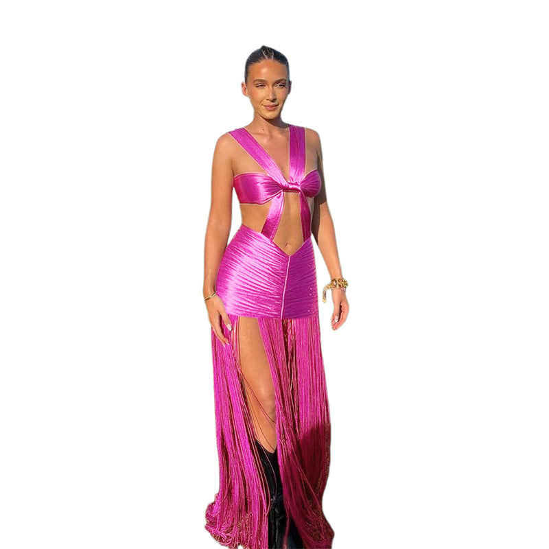 Shiny Rose Red Hanging Tassel Fringe Butterfly Strap Hollow-Out Sexy Maxi Dress