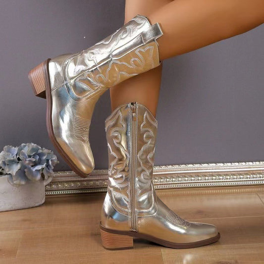 Western Solid Color Chunky Heel Pointed Toe Cowgirl Rodeo Boots