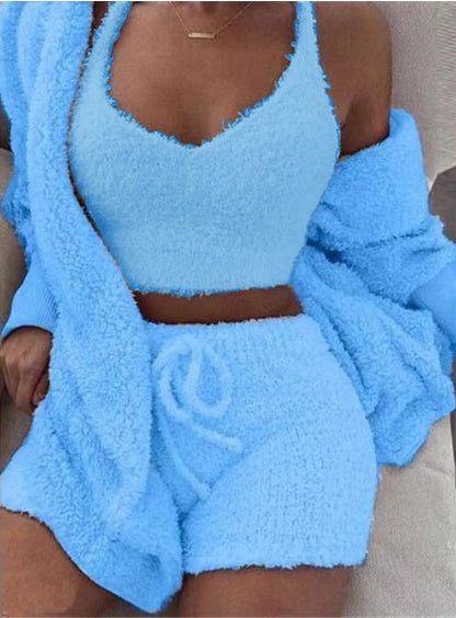 Fleece Solid Color Open Women's Long Sleeve Maxi Cardigan w/ Sash Belt, Crop Tank Top + Drawstring Shorts 3-Piece Knitted Pajamas Set