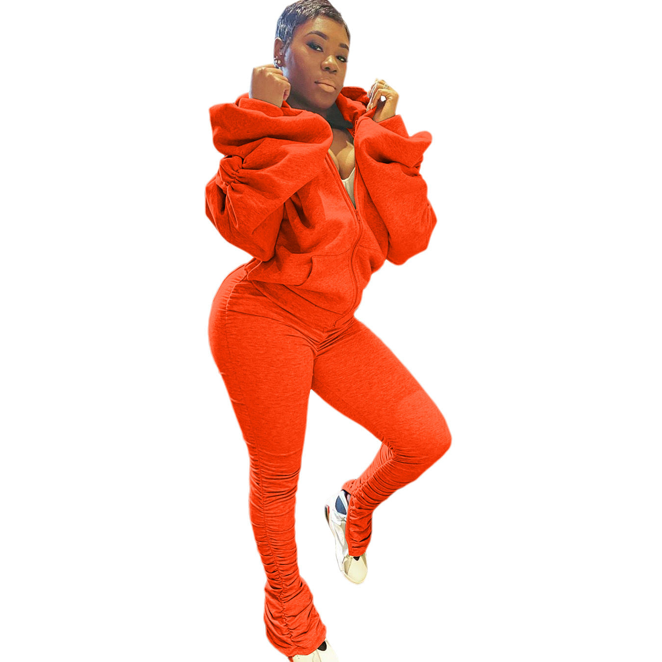 Ruched Balloon Sleeve Women's Sportswear Long Sleeve Zipper Jacket + Stacked Leggings Tracksuit to 3X Plus Size
