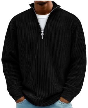 Men's Corduroy Stand Collar Solid Color Long Sleeve Quarter Zip Sweatshirt