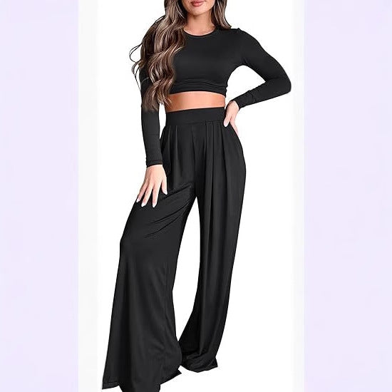 Casual Long Sleeve Crop Top+ Wide Leg Loose Pants Women's 2-Piece Set