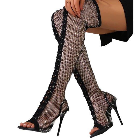 Fishnet Open Pointed Toe Over-the-Knee Women's Sandal Boots