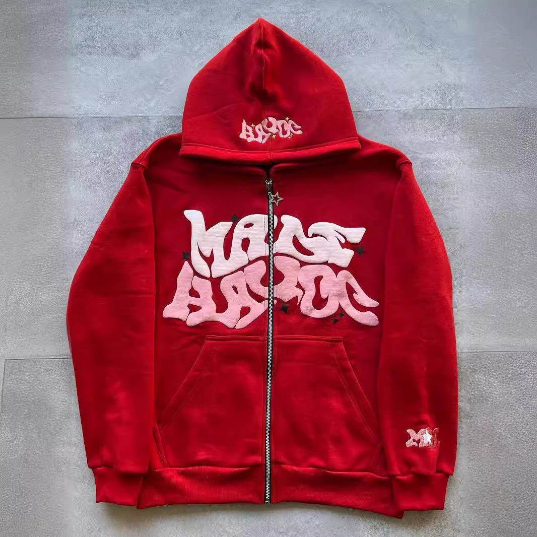 Men's Squiggly Letter Print Zipper Hoodie Sweatshirt