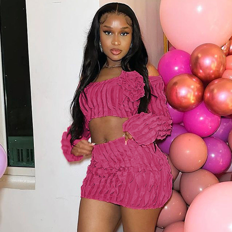 Hot Pink Flower Decor Women's Crop Top + Mini Skirt Solid Color  2-Piece Set