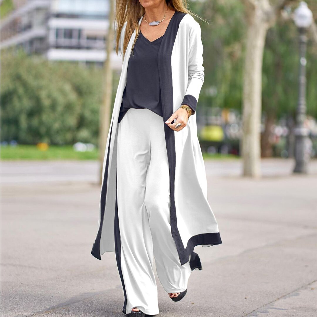 Three-piece Straight Pants Colorblock Cardigan Set