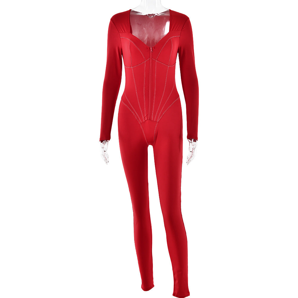 Corset Top Bodycon Long Sleeve Skin Tight Solid Color Zipper Jumpsuit