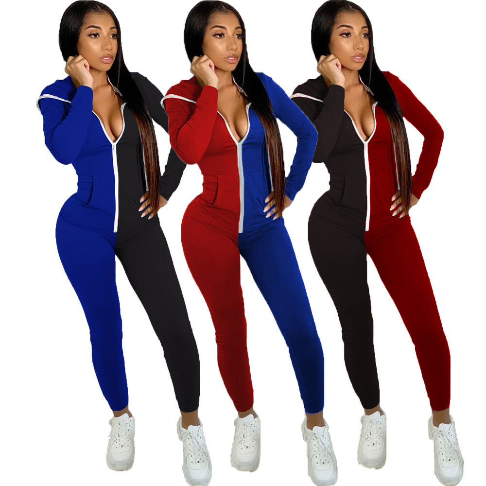 Colorblock 2-Tone Women's Fitness Long Sleeve Zipper Hoodie Jumpsuit