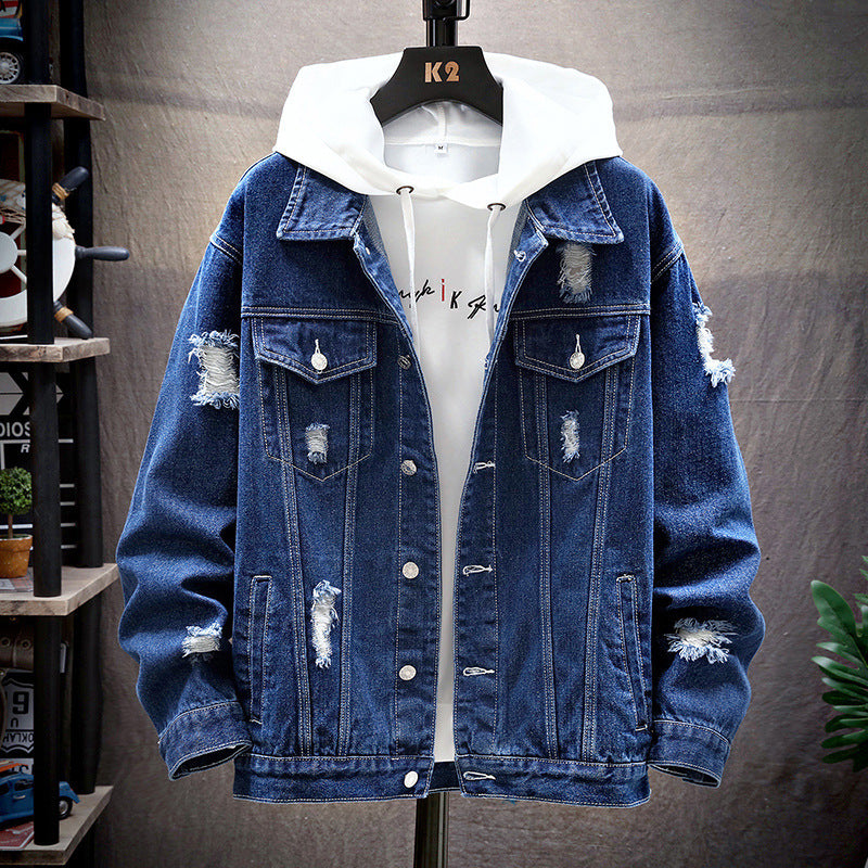 Men's Denim Ripped Gradient/Solid Loose Hip-Hop Button-Up Jean Jacket