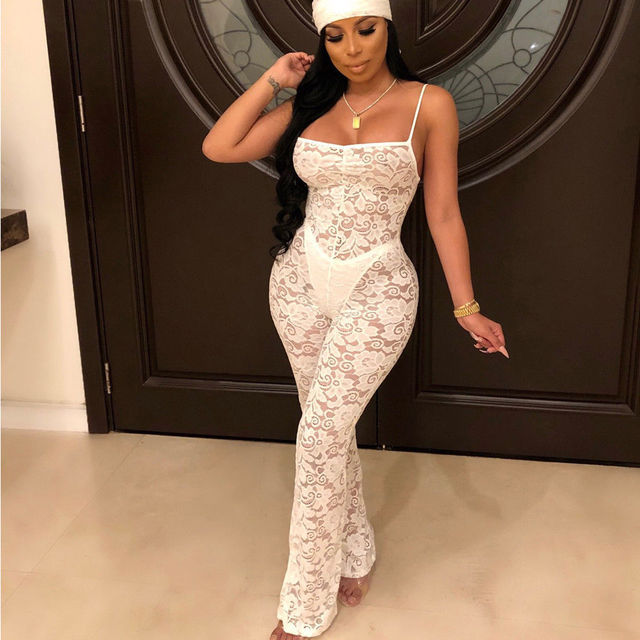 Lace Sheer Sleeveless Transparent Spaghetti Strap Women's Wide Leg Jumpsuit