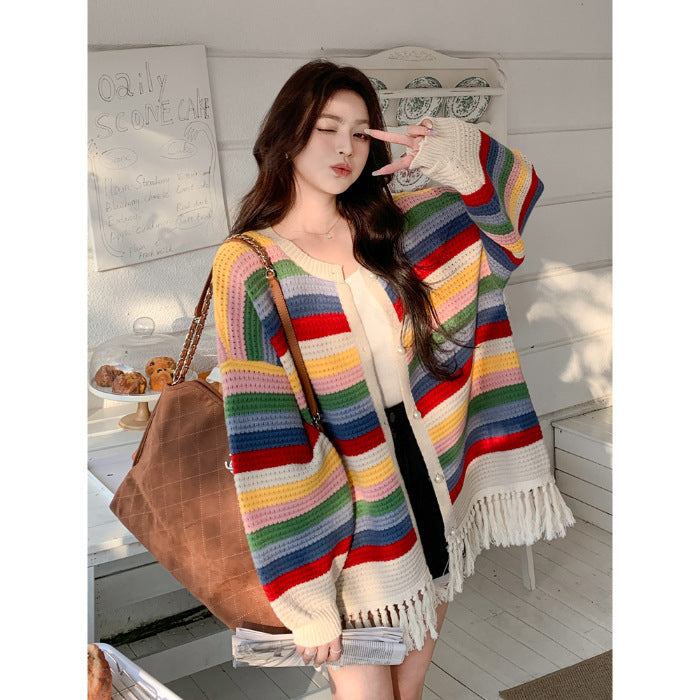 Oversized Striped Multi-Colored Tassel Fringe Design Women's Cardigan Sweater