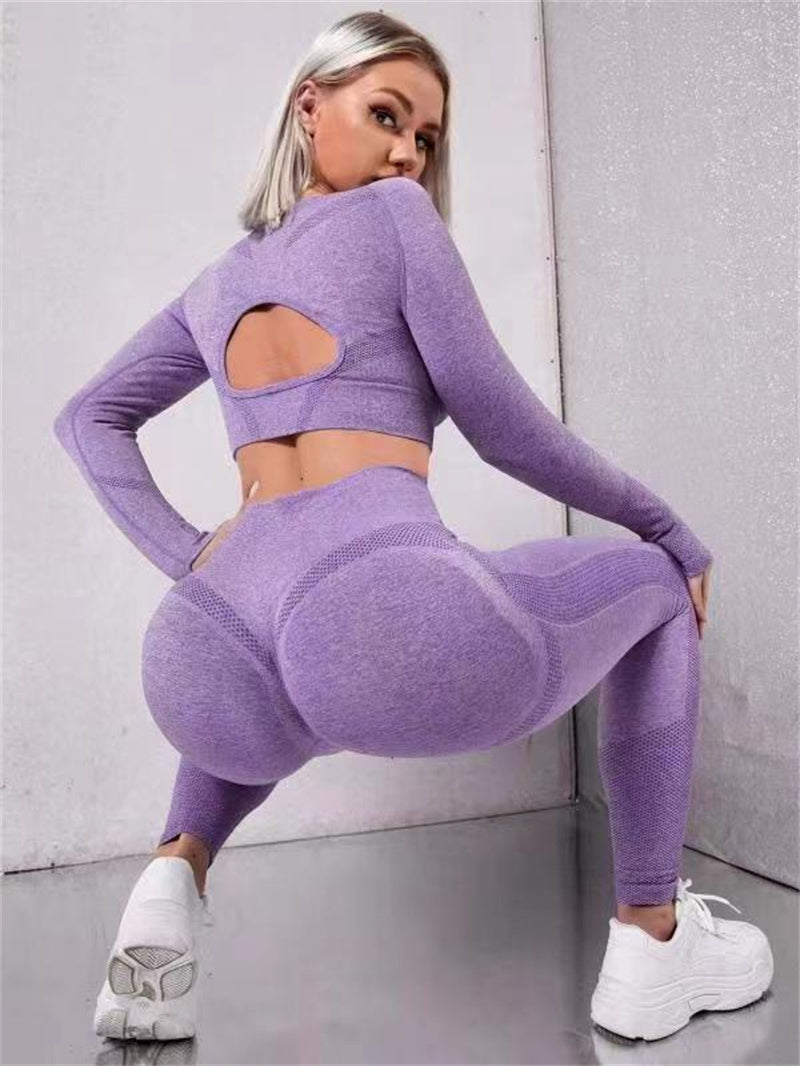 Solid Color Long Sleeve Hollow-Out Fitness Top + Butt Lifting High Waist Seamless Gym Workout Leggings Tracksuit