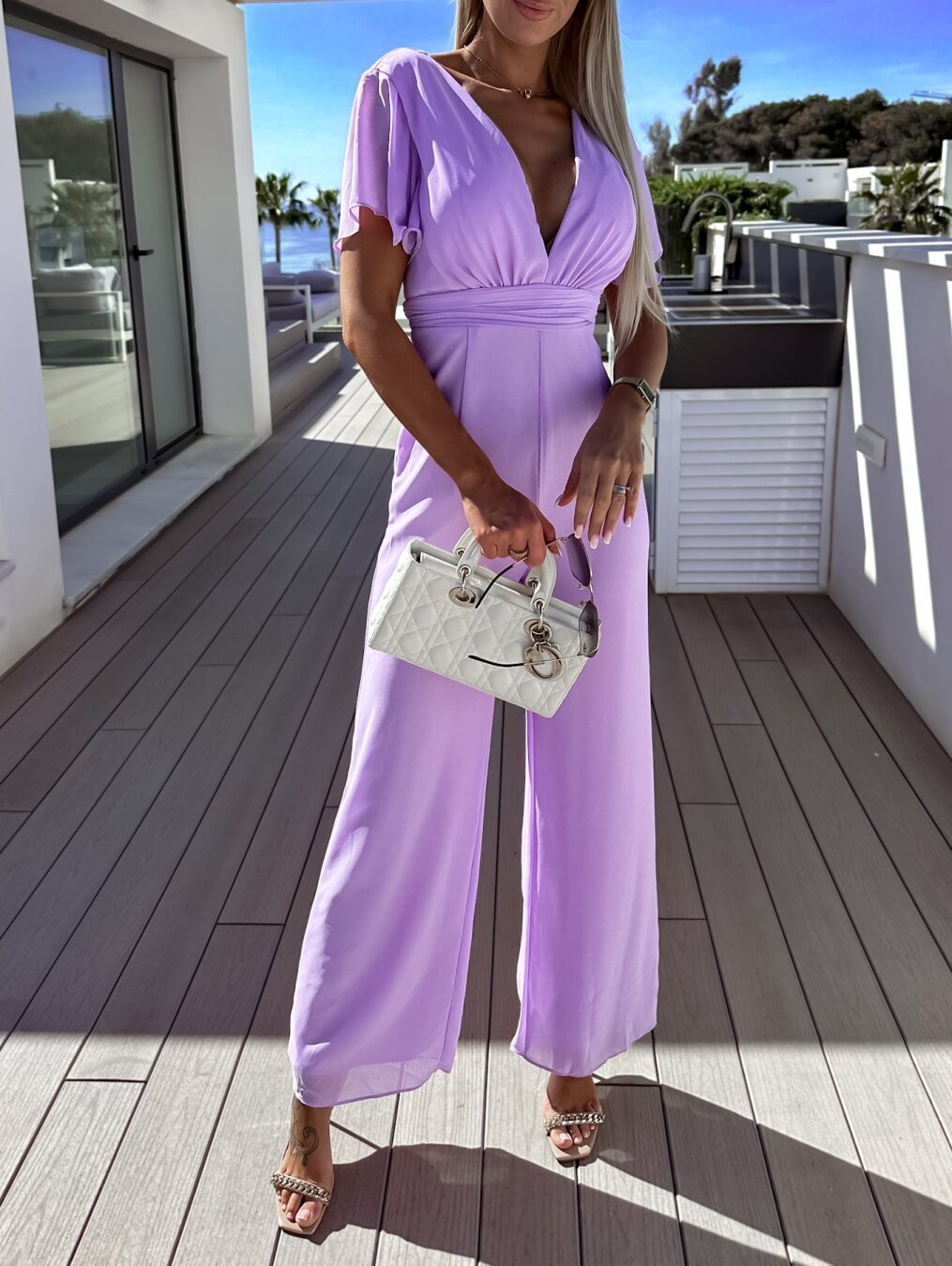Deep V-Neck Women's Short Sleeve Cinched Waist Wide Leg Trouser Pants Jumpsuit