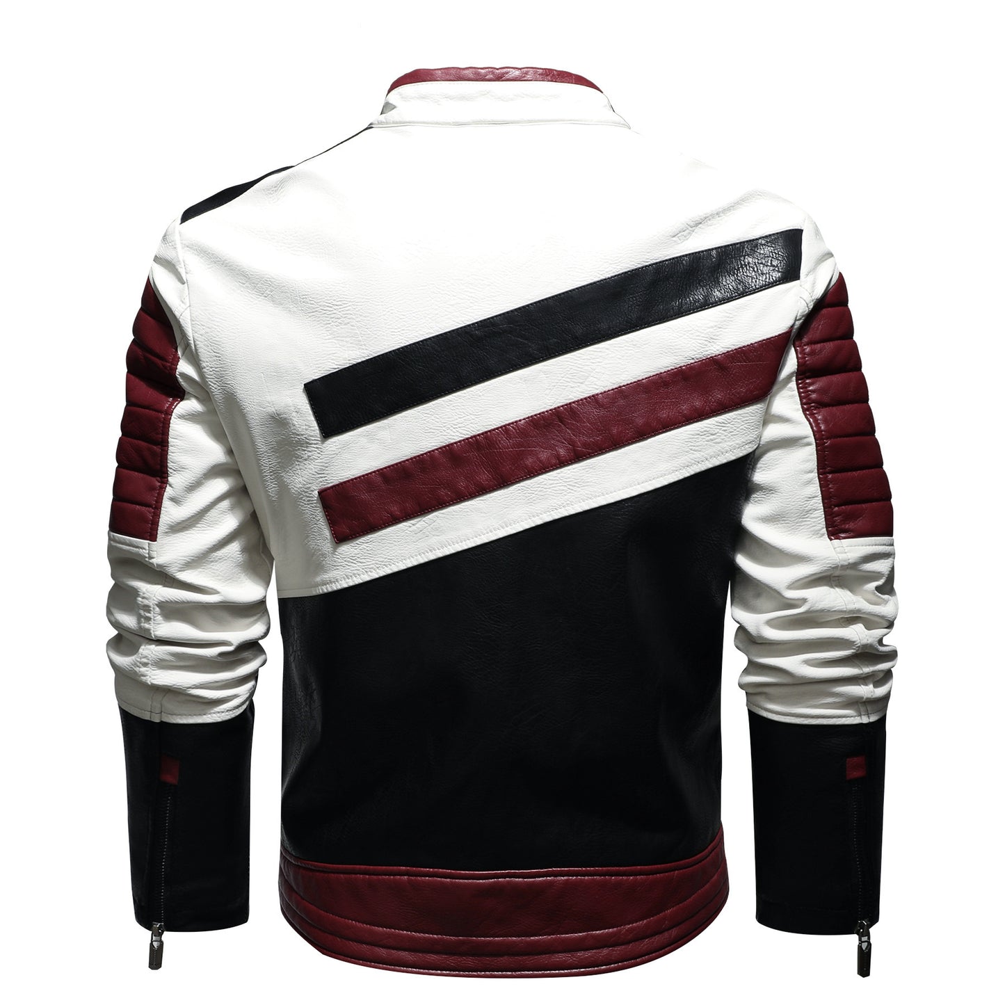 Men's PU Leather Diagonal Striped Colorblock Pattern Motorcycle Stand Collar Biker Bomber Jacket