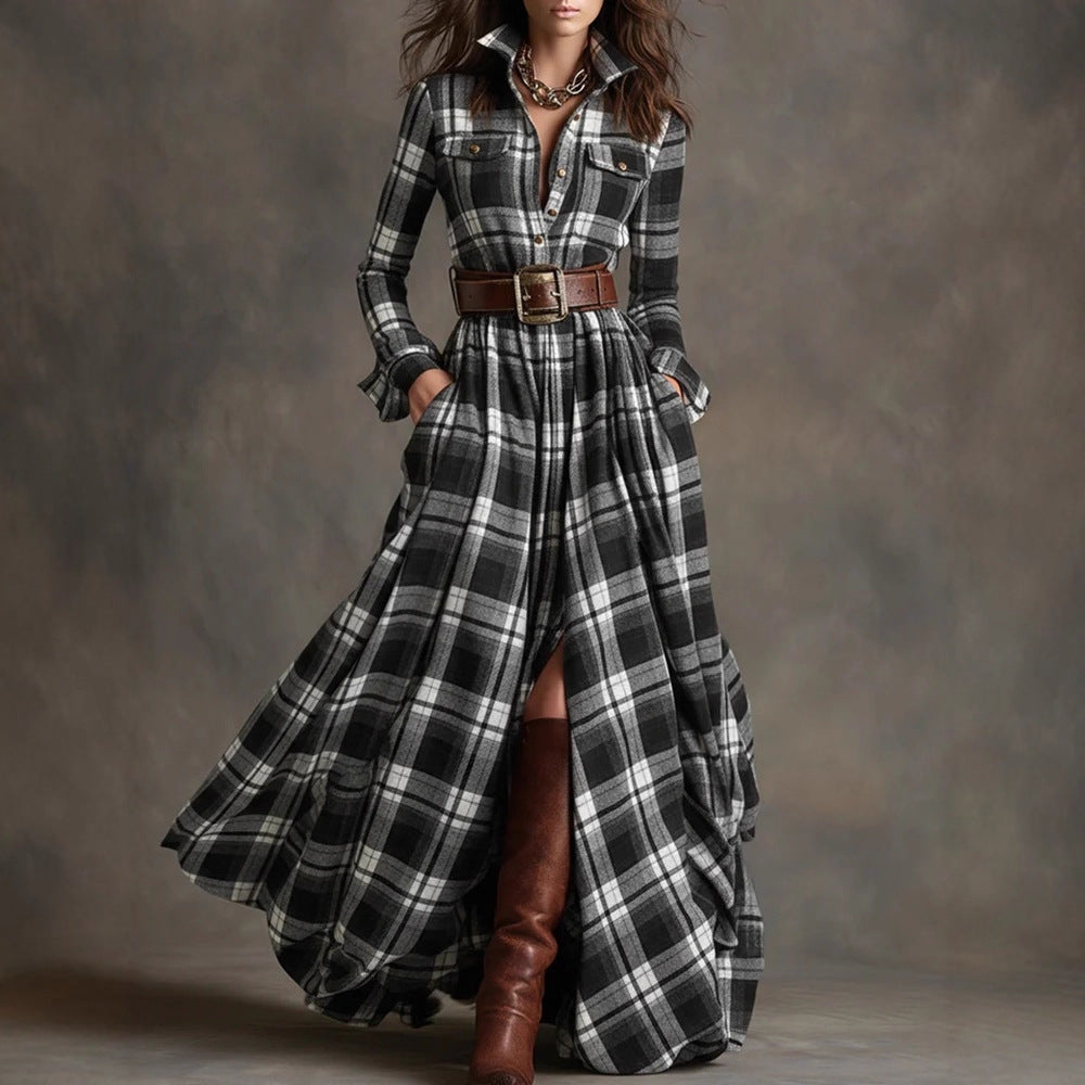 Oversized Plaid Print Long Sleeve Pocketed Turn-Down Collar Button-Up Big Swing Maxi Dress to 4X Plus Size