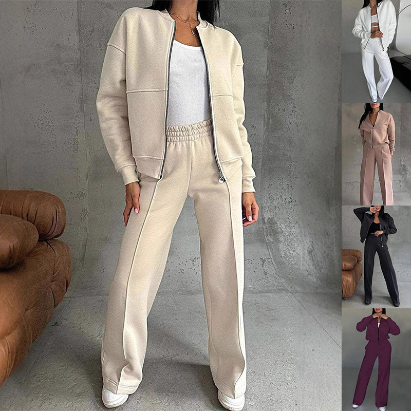 Women's O-Neck Solid Color Zipper Jacket + Wide Leg Pants Tracksuit