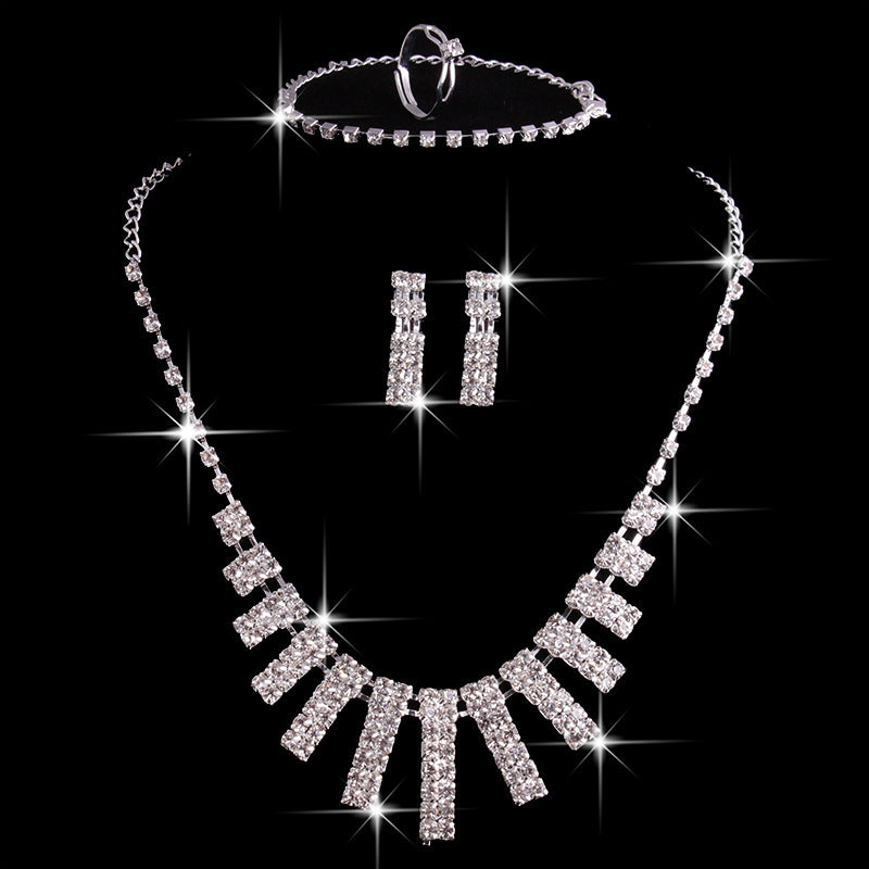 4 Pieces Women's Bridal Jewelry Sets: Rhinestone Necklace w/ Earrings, Ring, Bracelet & Necklace