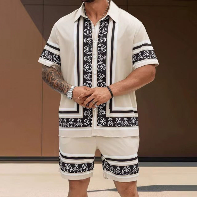 Men's Geometric/Colorblock 3D Print Turn-Down Collar Short Sleeve Polo Shirt + Shorts 2-Piece Set