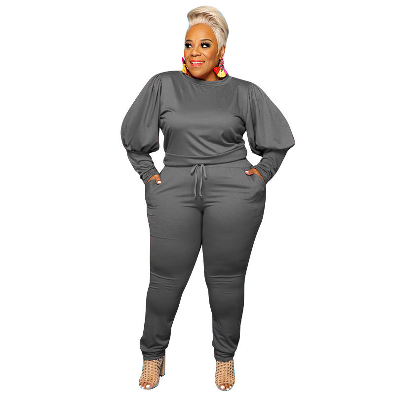 Puffed Batwing Sleeve O-Neck Solid Color Shirt + Sweatpants Two-Piece Women's Set to 5X Plus Size