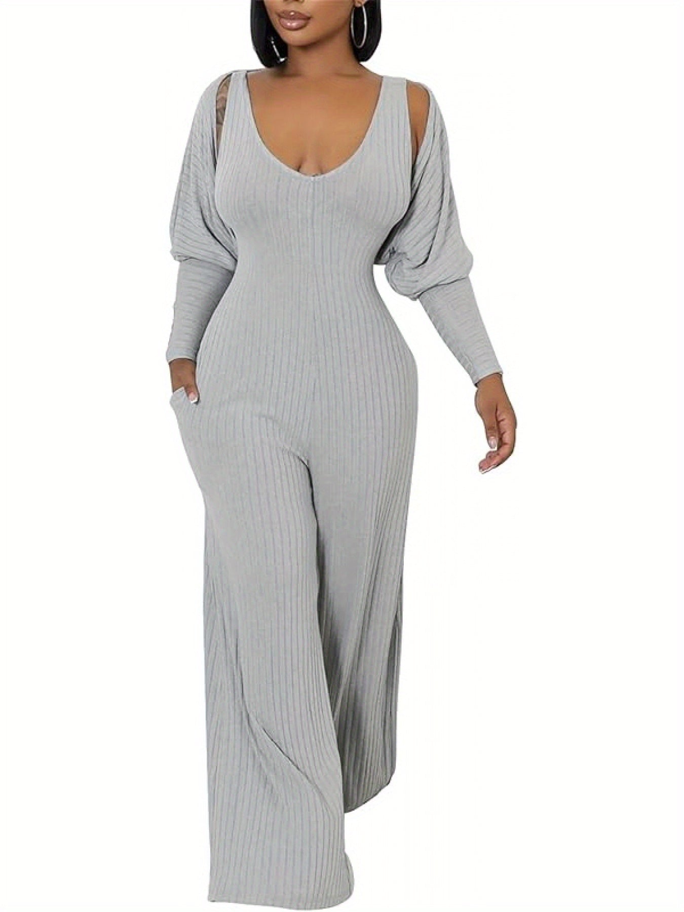 Ribbed Knitted Solid Color Batwing Sleeve Blazer + U-Neck Women's Sleeveless Jumpsuit 2-Piece Set