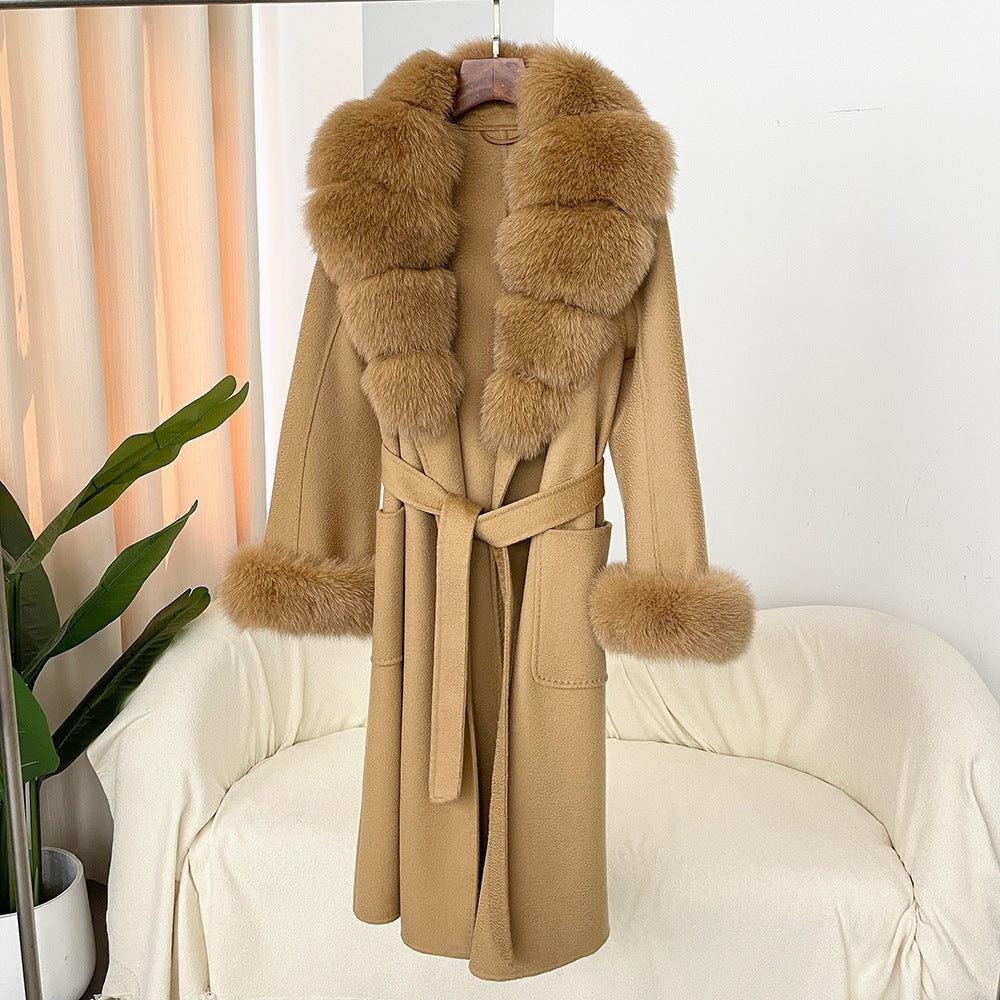 Oversized Fur Collar Double Sided Water Ripple Wool Women's Trenchcoat
