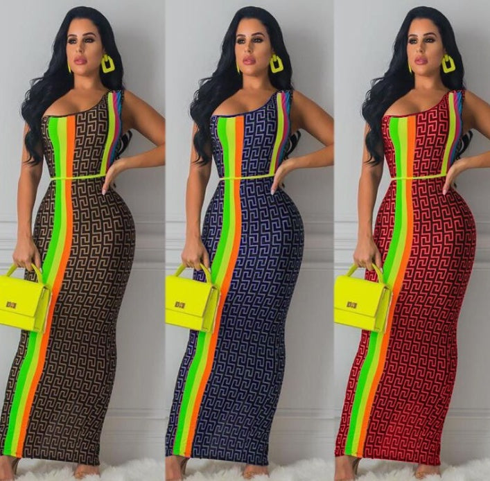 Geometric Asymmetrical One Shoulder Neon Side Striped Print Maxi Dress