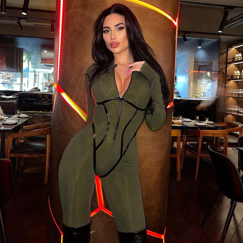 Leather Ribbon Split Line Design Women's Long Sleeve Zipper Skinny Jumpsuit