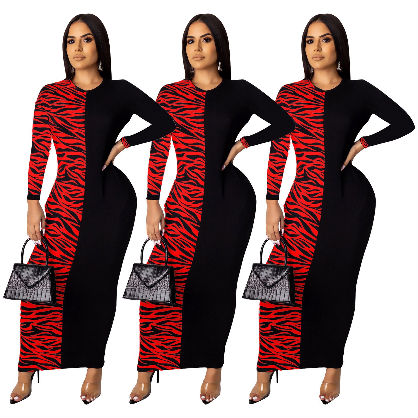 Zebra Colorblock Pattern Patchwork Long Sleeve Maxi Dress