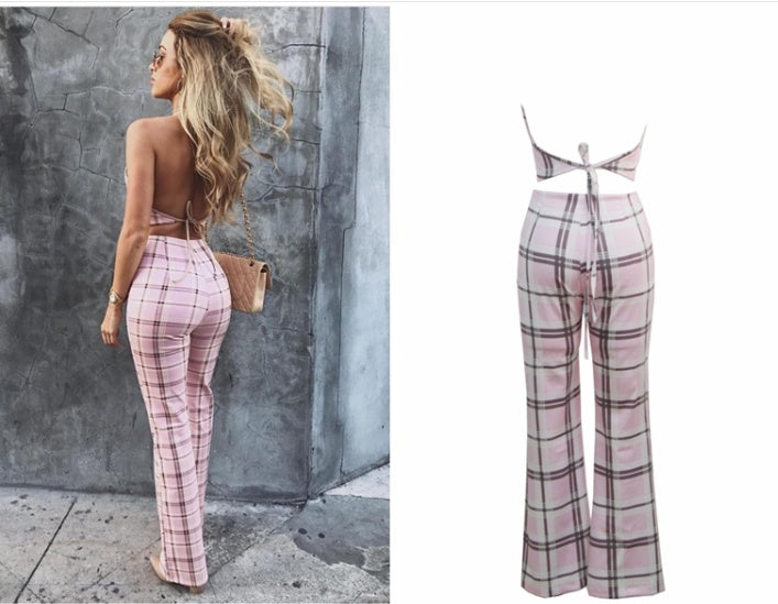 Plaid Sleeveless Crop Women's Halter Top + Matching Pants 2-Piece Set