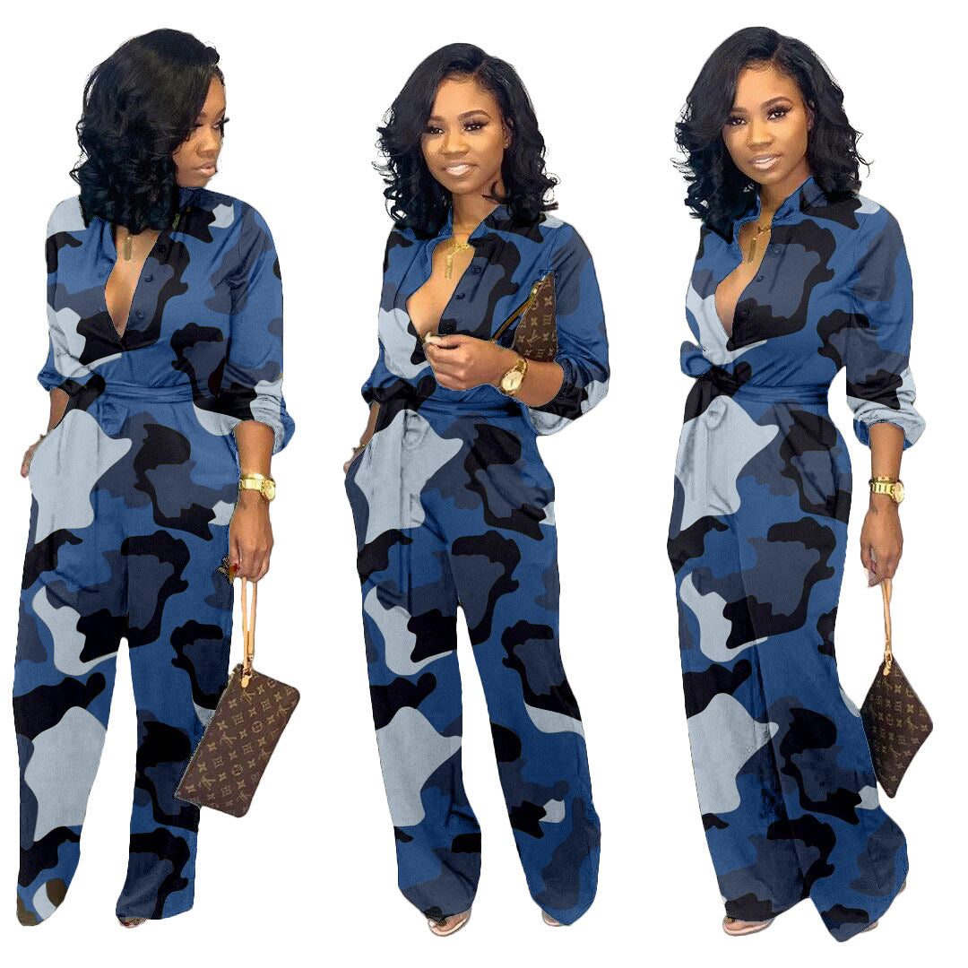 Camoflauge V-Neck Long Sleeve Women's Wide Leg Jumpsuit