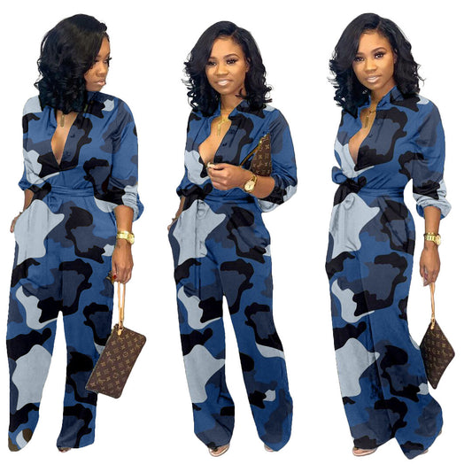 Camoflauge V-Neck Long Sleeve Women's Wide Leg Jumpsuit