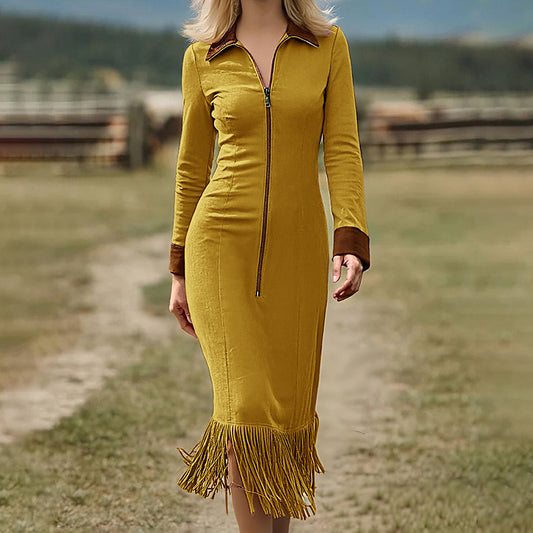 Women's Lapel Collar Maxi Dress With Fringe Hem, Contrast Trim Half-Zip Bodycon Long Dress For Spring And Fall