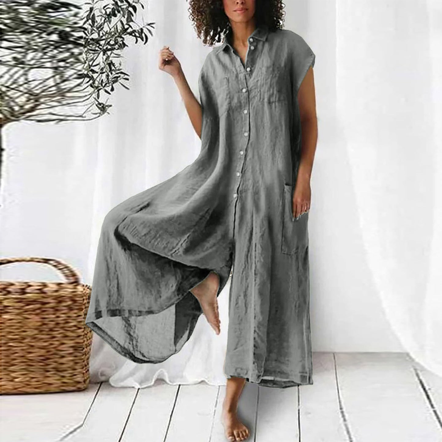 Button-Up Solid Color Short Sleeve Midi Length Women's Wide Leg Jumpsuit