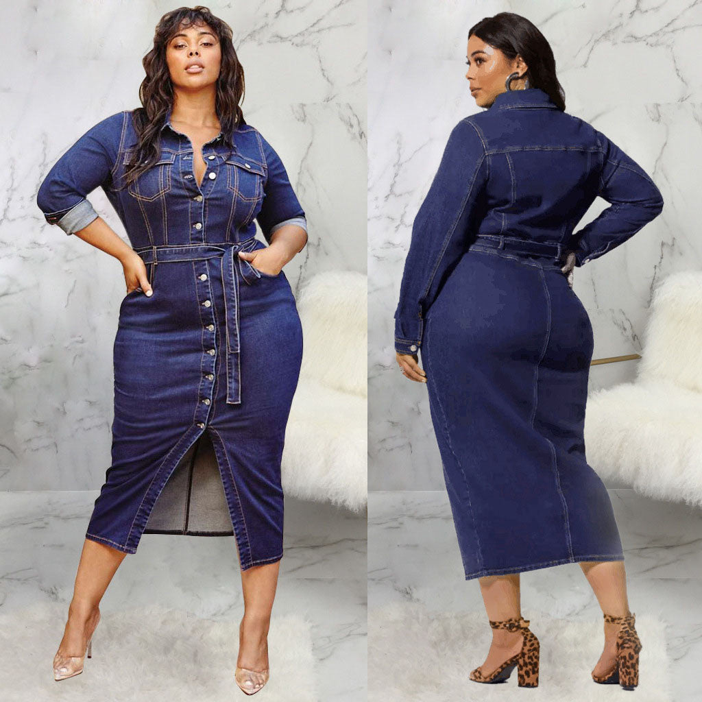 Turn Down Collar Button Up Denim Long Sleeve Plus Size Dress w/ Belt to 4X