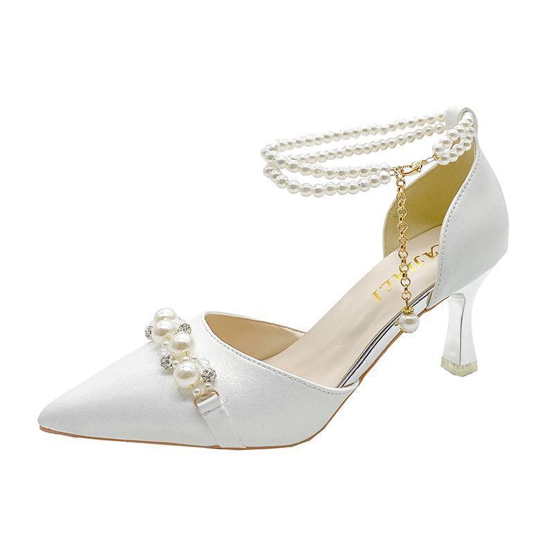 White Pearl Embellished Women's Style High Stiletto Slingback Gold Chain Buckle Strap Design Bridal/Party Pumps