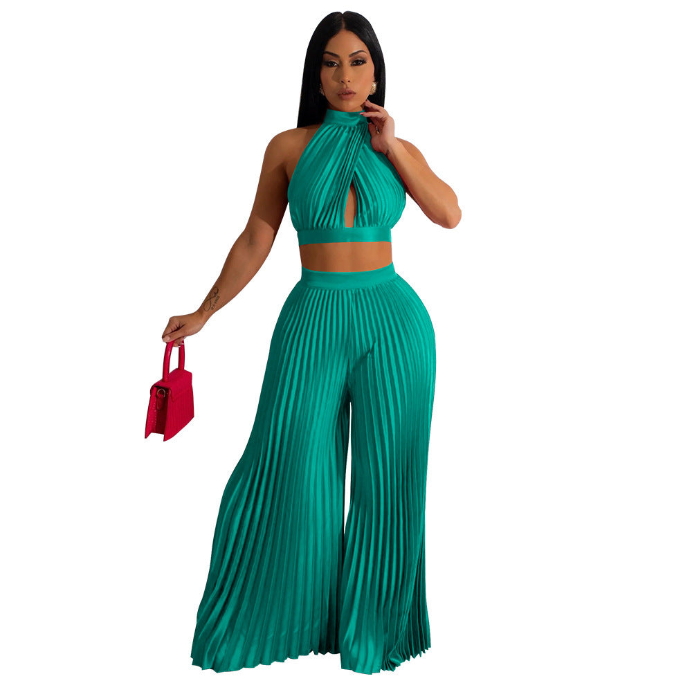 Pleated Women's Halter Silky Crop Top + Elastic Waist Wide Leg Pants 2-Piece Set