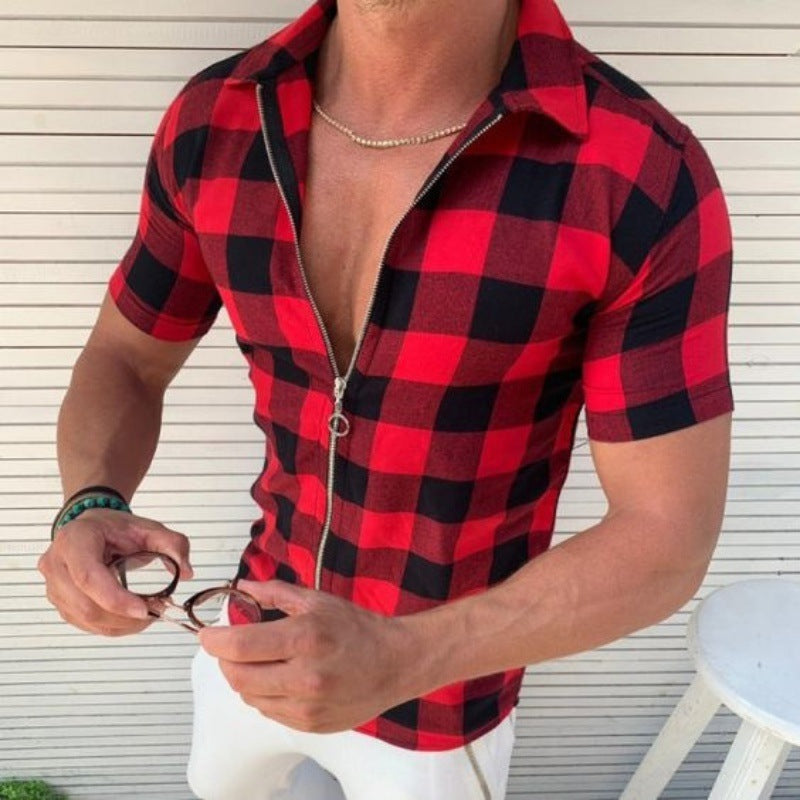 Men's Plaid Zipper Front Short Sleeve Shirt to 3X Big & Tall