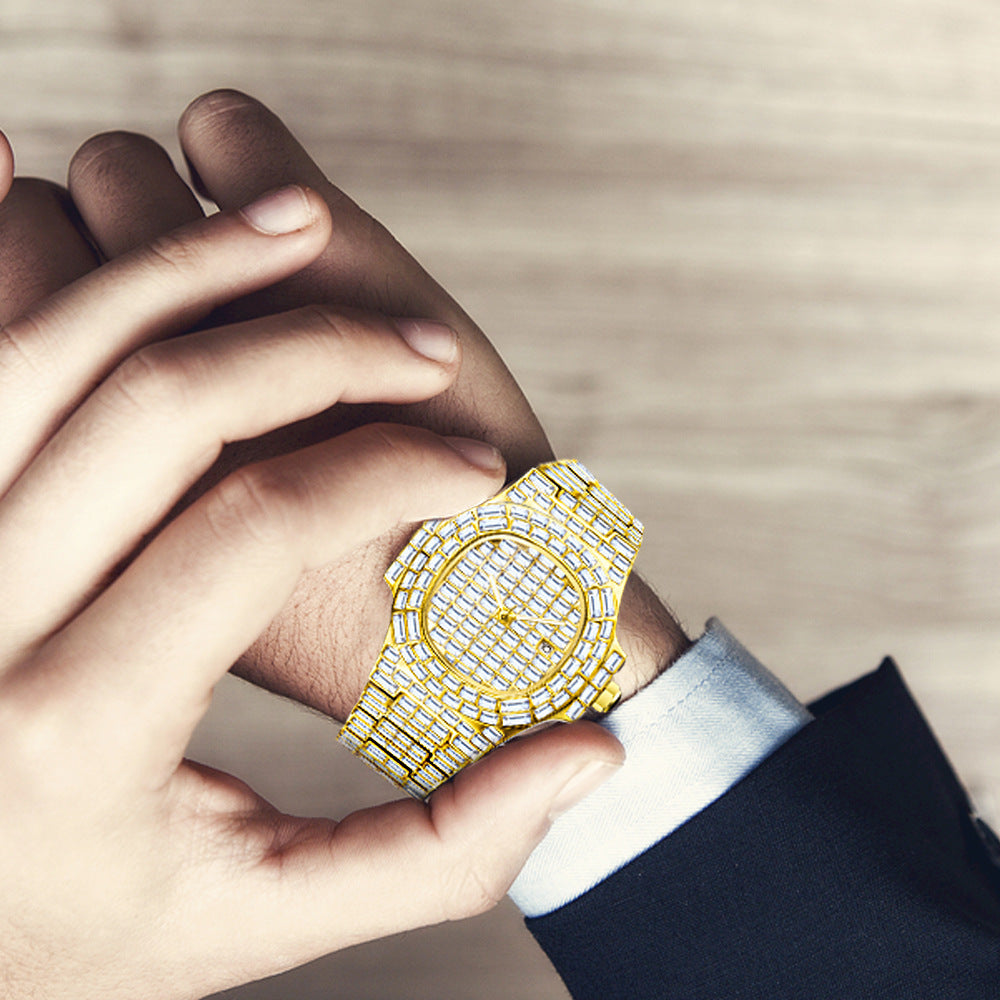 Men's Sparkling Iced Out Square Hot Drill Diamond Gold/Silver High Grade Waterproof Calendar Watch